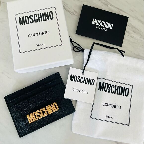MOSCHINO Logo Leather Card Case, Designer Italian Luxury Wallet, Black Gold, NWT - Picture 1 of 13